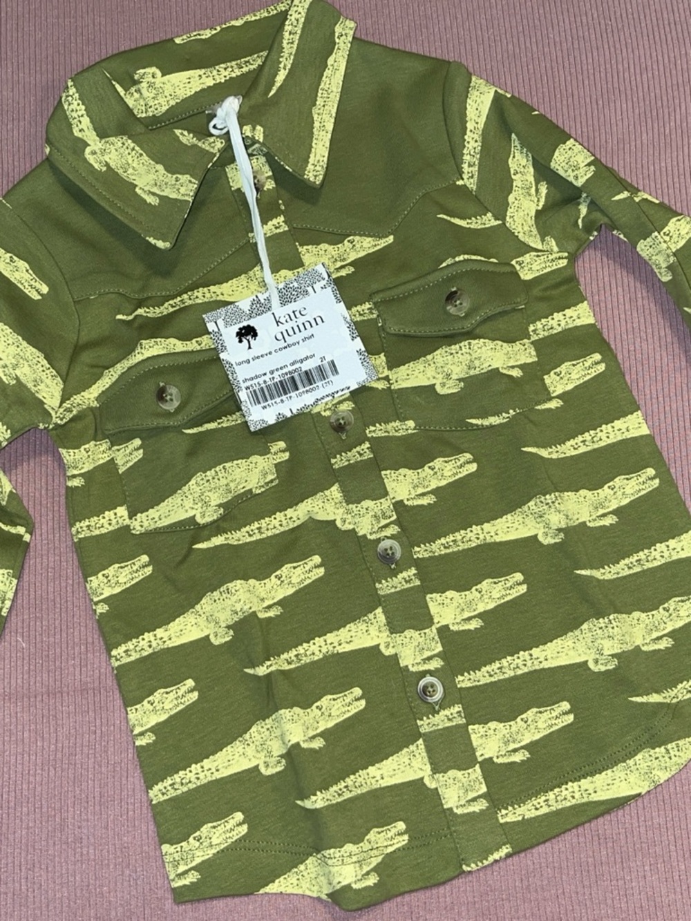 kate quinn olive & yellow crocodile-print button-down kids shirt